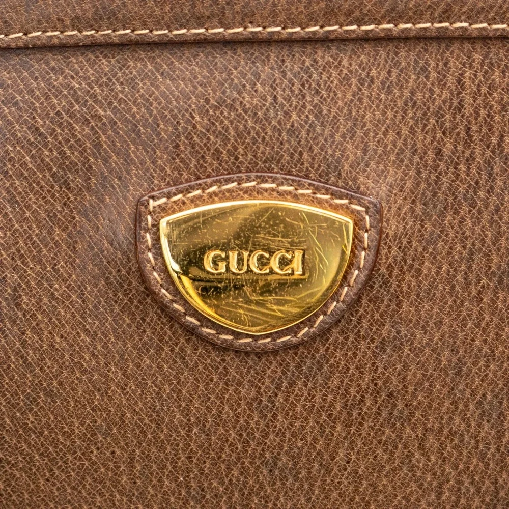 Vintage Gucci Brown Leather Boston Satchel Handbag Gold Logo Italy Doctor Bag